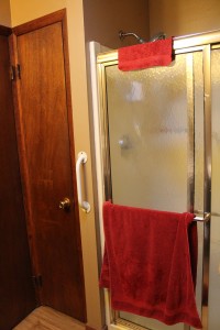 Before.  Red towels.  No towel bar except that on the shower door.